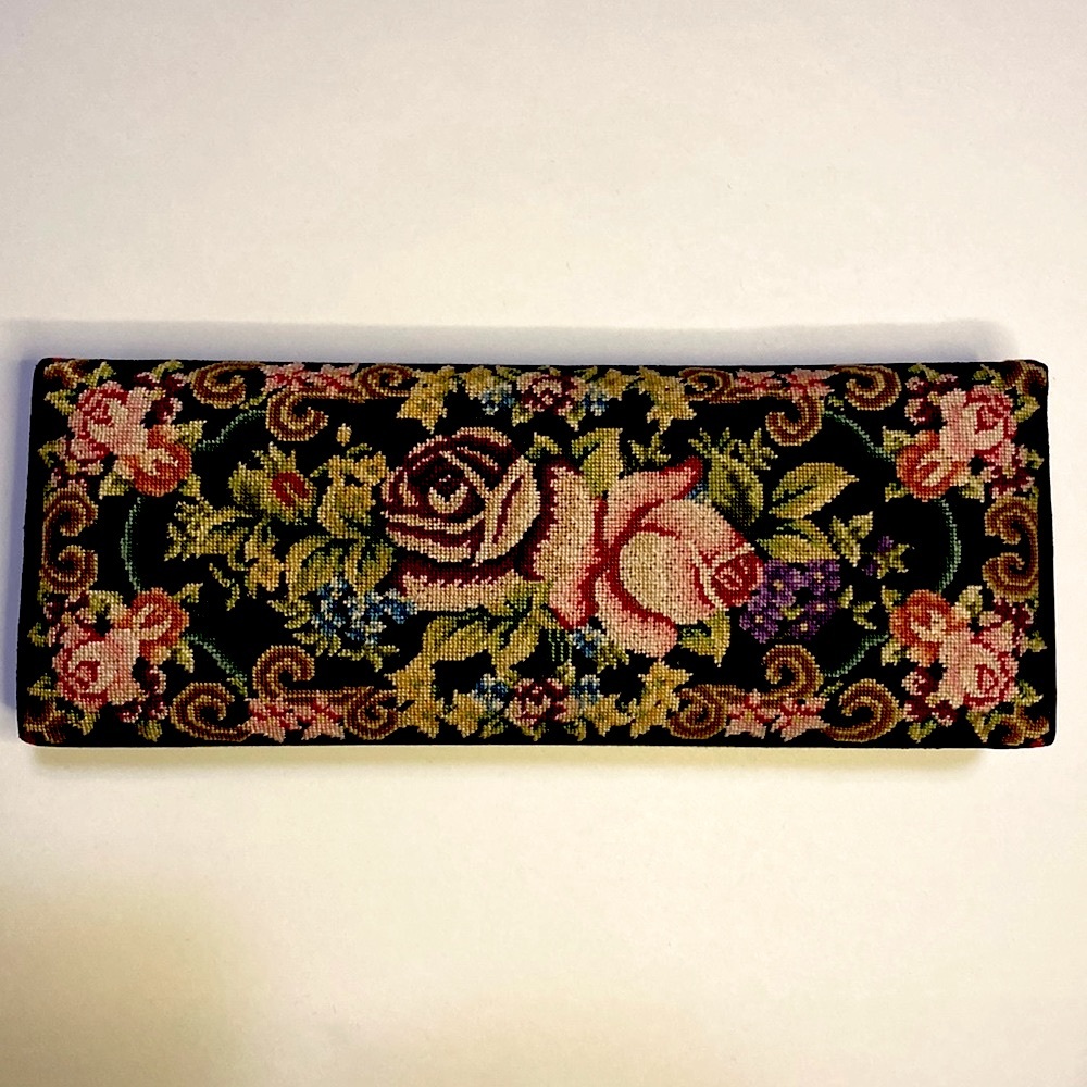 Pristine condition vintage petit point floral & black silk jewelry box.